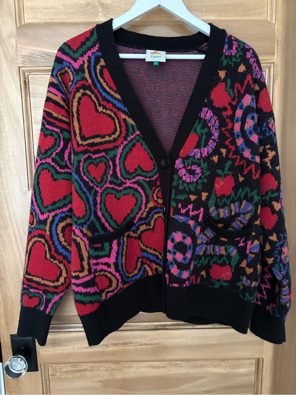 Farm Rio Oversized Cardigan Mixed Rainbow Hearts Snakes Size M